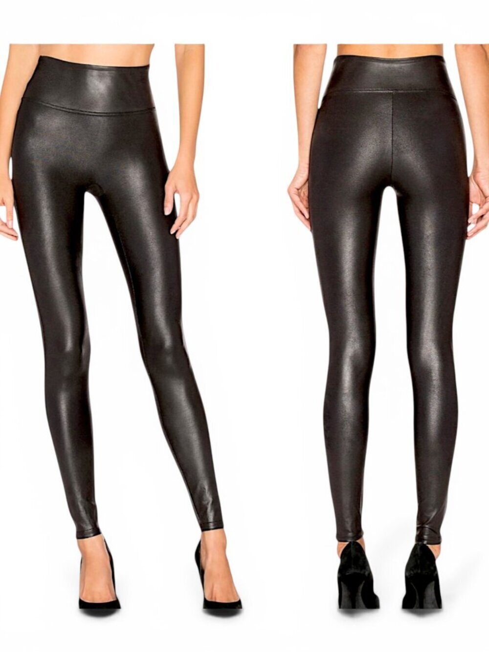 Spanx Black Faux Leather Leggings Stretch Pants Pull On NWT Petite SP and MP